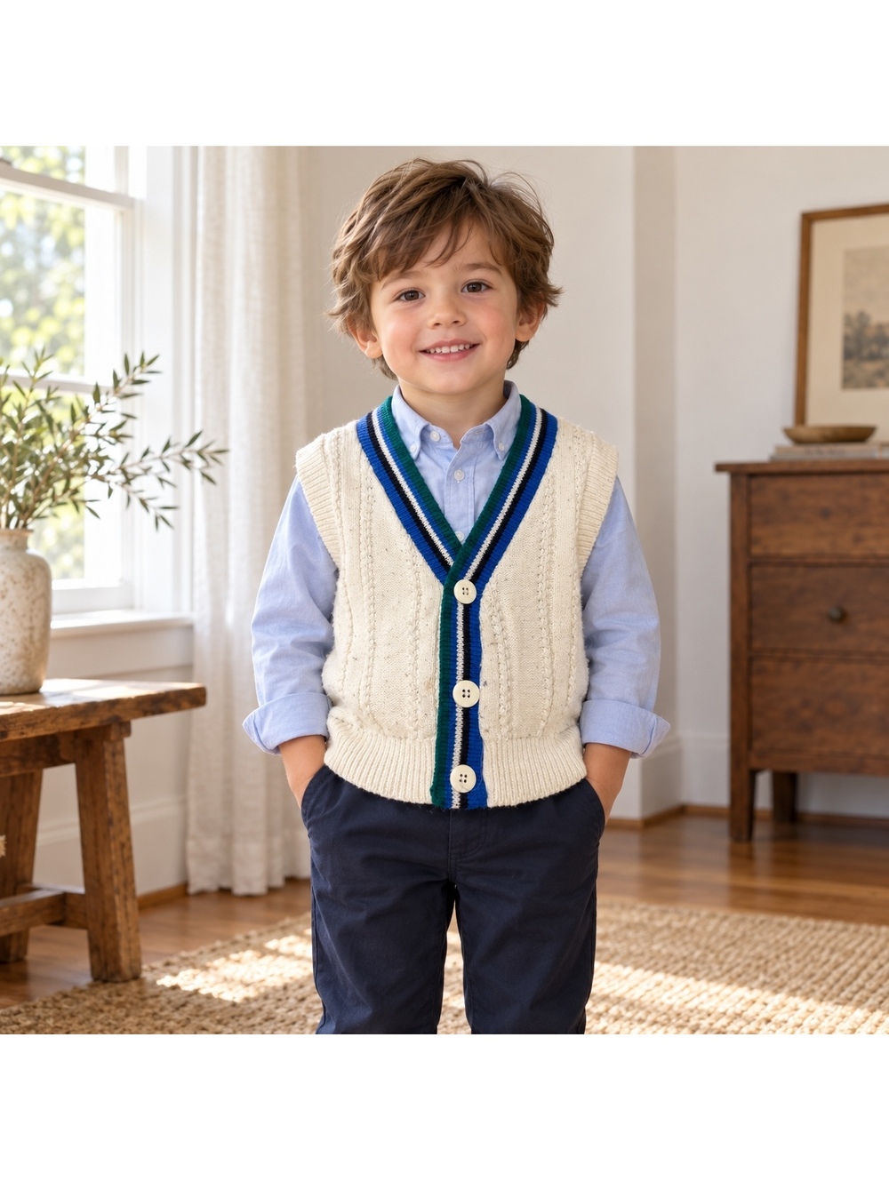 Vintage Kids Cable Knit Sweater Vest Tow Away Zone Cream Striped Trim Size 3 - Picture 1 of 6